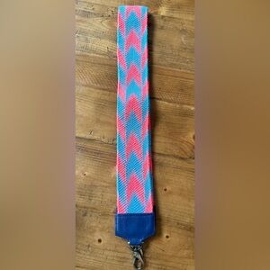 Wide woven bag strap in multicolor blue, lavender and orange. Brass hardware